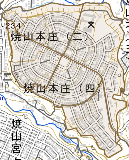焼山本庄とその周辺の地図。町の範囲を重ねている