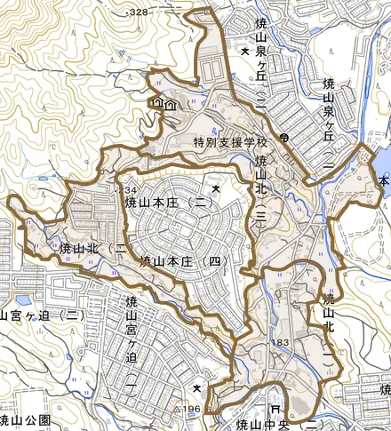 焼山北とその周辺の地図。町の範囲を重ねている
