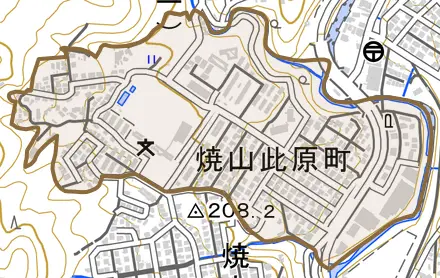 焼山此原町とその周辺の地図。町の範囲を重ねている