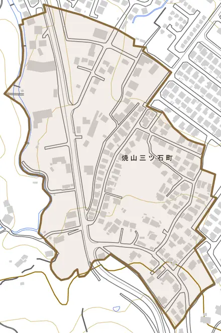 焼山三ツ石町とその周辺の地図。町の範囲を重ねている