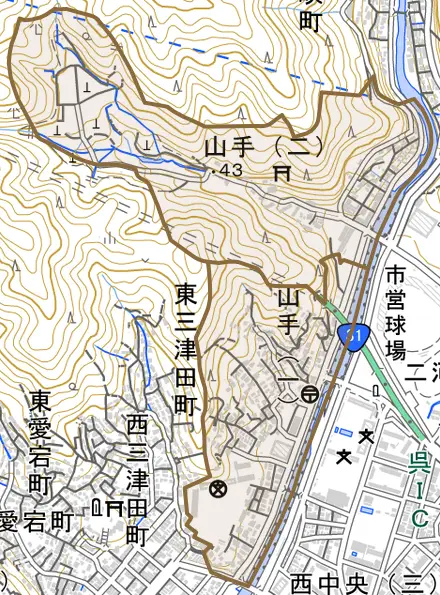 山手とその周辺の地図。町の範囲を重ねている