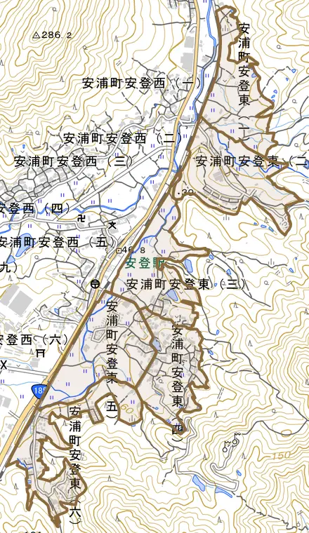 安浦町安登東とその周辺の地図。町の範囲を重ねている