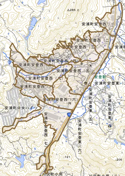 安浦町安登西とその周辺の地図。町の範囲を重ねている