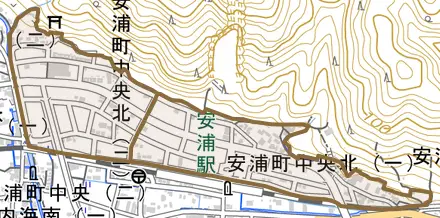 安浦町中央北とその周辺の地図。町の範囲を重ねている