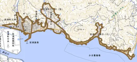 安浦町三津口とその周辺の地図。町の範囲を重ねている