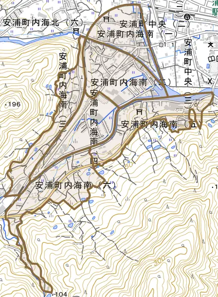 安浦町内海南とその周辺の地図。町の範囲を重ねている
