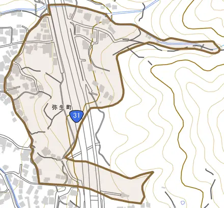 弥生町とその周辺の地図。町の範囲を重ねている