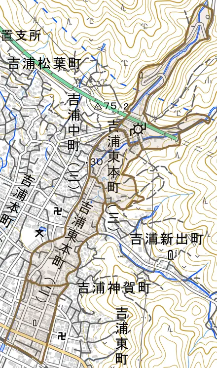 吉浦東本町とその周辺の地図。町の範囲を重ねている