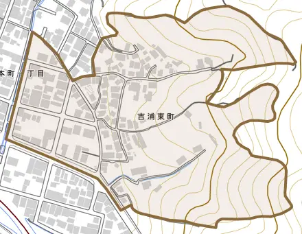 吉浦東町とその周辺の地図。町の範囲を重ねている