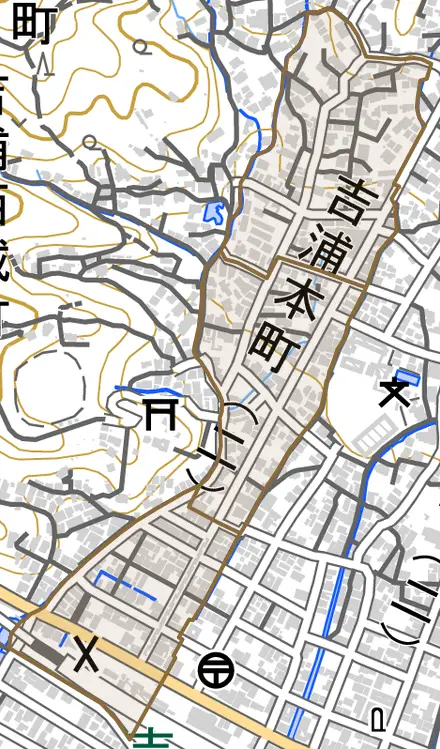 吉浦本町とその周辺の地図。町の範囲を重ねている