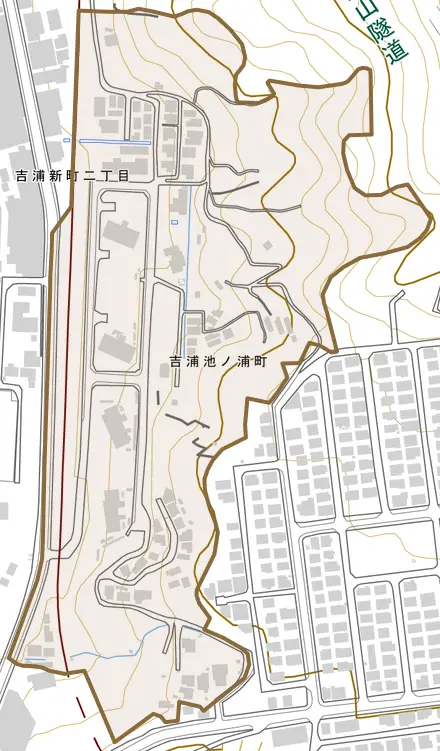 吉浦池ノ浦町とその周辺の地図。町の範囲を重ねている