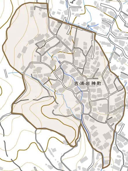 吉浦岩神町とその周辺の地図。町の範囲を重ねている