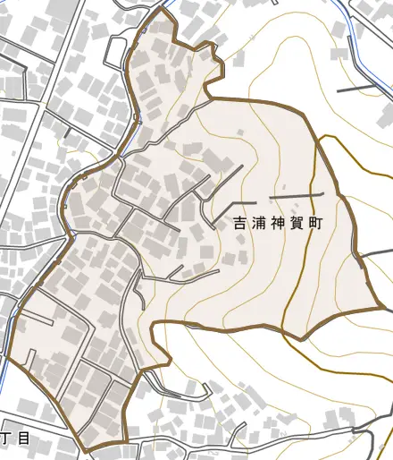 吉浦神賀町とその周辺の地図。町の範囲を重ねている