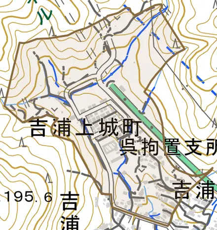 吉浦上城町とその周辺の地図。町の範囲を重ねている