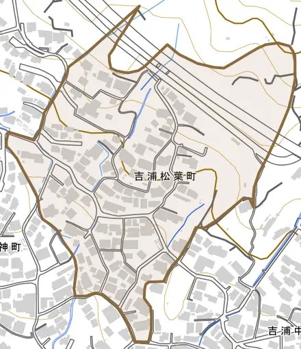 吉浦松葉町とその周辺の地図。町の範囲を重ねている