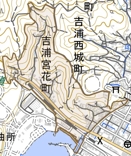 吉浦宮花町とその周辺の地図。町の範囲を重ねている