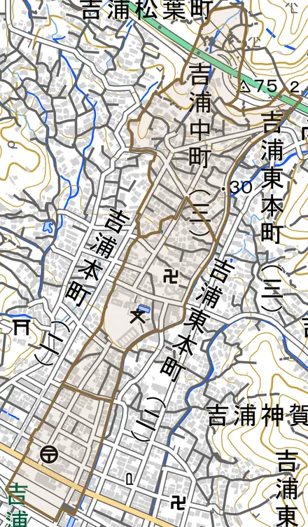 吉浦中町とその周辺の地図。町の範囲を重ねている