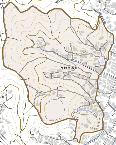 吉浦西城町とその周辺の地図。町の範囲を重ねている