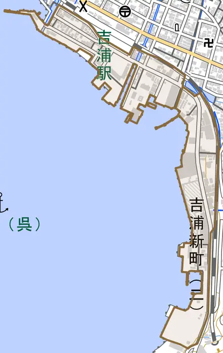 吉浦新町とその周辺の地図。町の範囲を重ねている