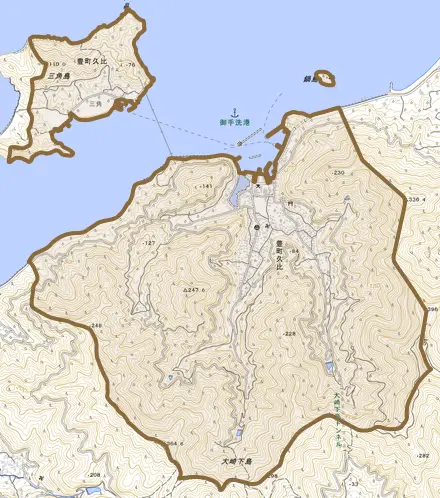 豊町久比とその周辺の地図。町の範囲を重ねている