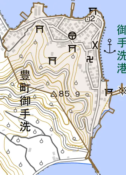 豊町御手洗とその周辺の地図。町の範囲を重ねている