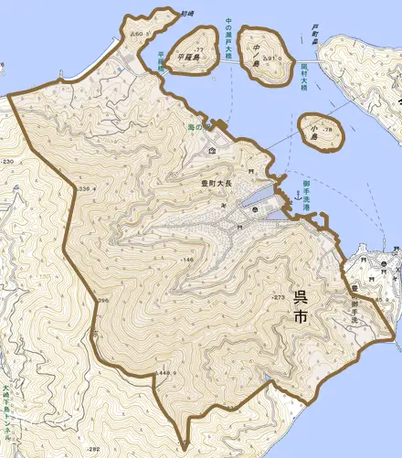 豊町大長とその周辺の地図。町の範囲を重ねている