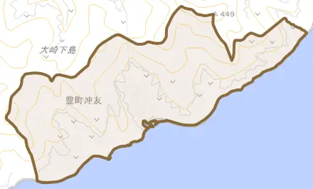 豊町沖友とその周辺の地図。町の範囲を重ねている