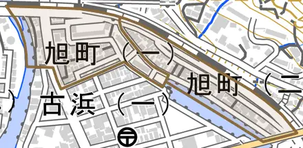 旭町とその周辺の地図。町の範囲を重ねている