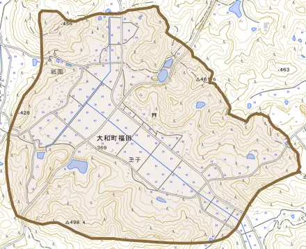 大和町福田とその周辺の地図。町の範囲を重ねている