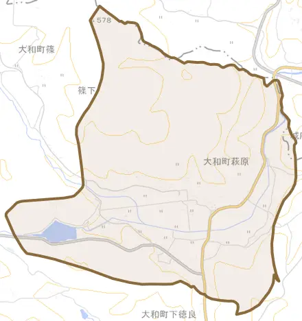 大和町萩原とその周辺の地図。町の範囲を重ねている