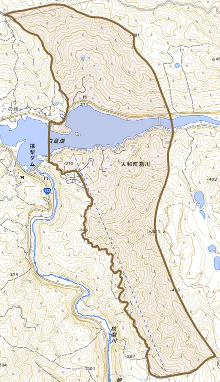 大和町箱川とその周辺の地図。町の範囲を重ねている