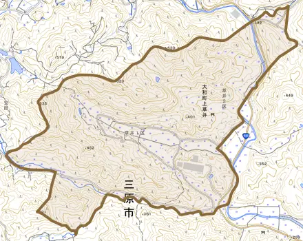 大和町上草井とその周辺の地図。町の範囲を重ねている