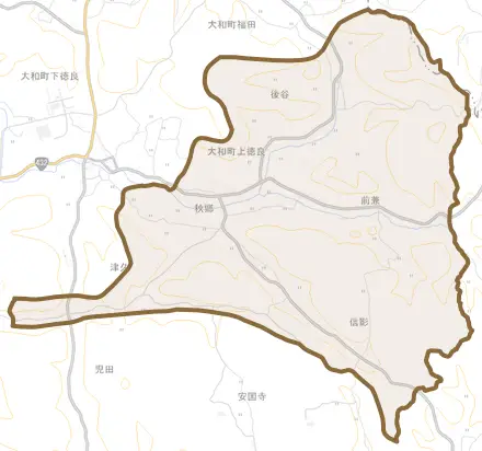 大和町上徳良とその周辺の地図。町の範囲を重ねている