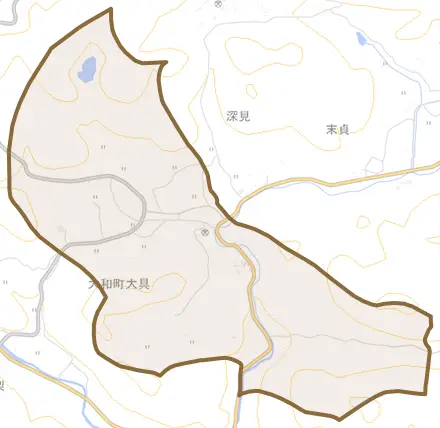 大和町大具とその周辺の地図。町の範囲を重ねている