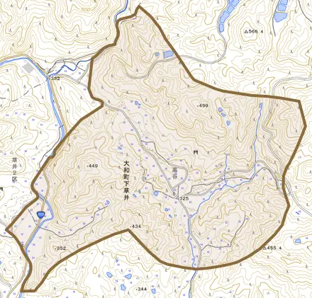 大和町下草井とその周辺の地図。町の範囲を重ねている