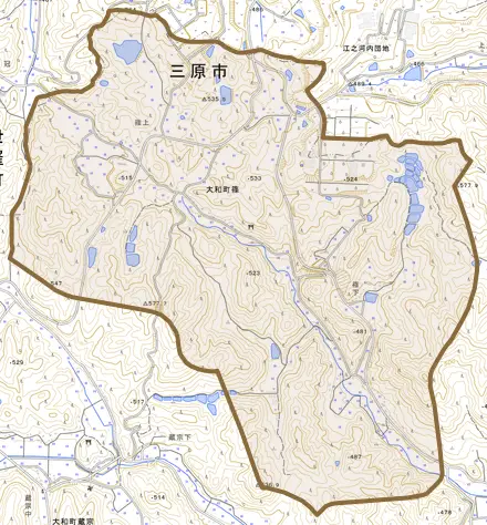 大和町篠とその周辺の地図。町の範囲を重ねている