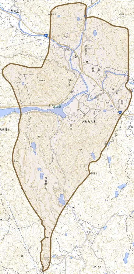大和町和木とその周辺の地図。町の範囲を重ねている