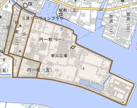 円一町とその周辺の地図。町の範囲を重ねている