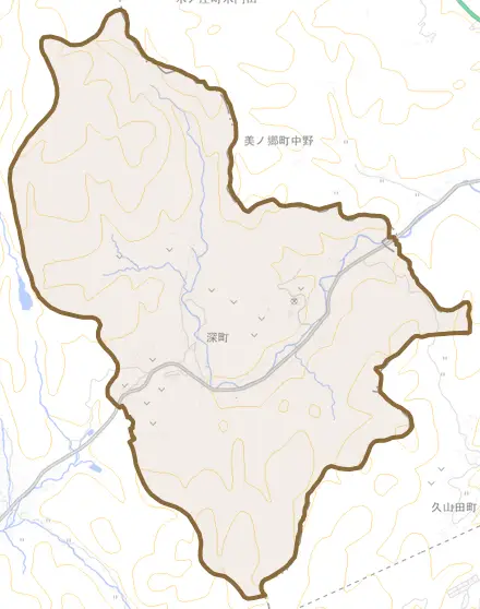 深町とその周辺の地図。町の範囲を重ねている