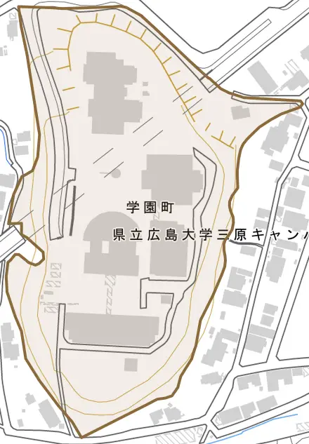 学園町とその周辺の地図。町の範囲を重ねている