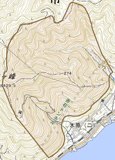 鉢ケ峰町とその周辺の地図。町の範囲を重ねている