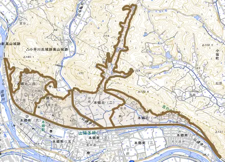 本郷北とその周辺の地図。町の範囲を重ねている