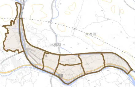 本郷南とその周辺の地図。町の範囲を重ねている