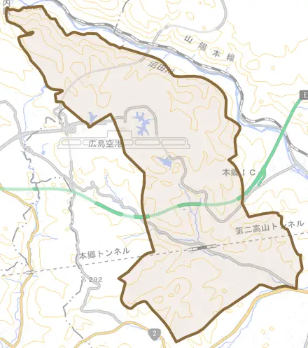 本郷町上北方とその周辺の地図。町の範囲を重ねている