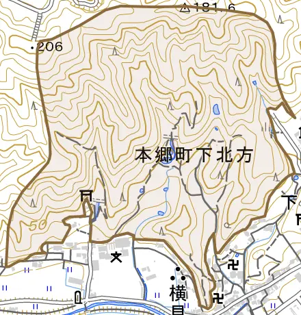 本郷町下北方とその周辺の地図。町の範囲を重ねている