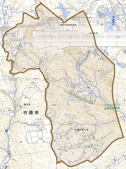 本郷町善入寺とその周辺の地図。町の範囲を重ねている