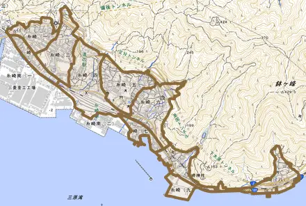 糸崎とその周辺の地図。町の範囲を重ねている