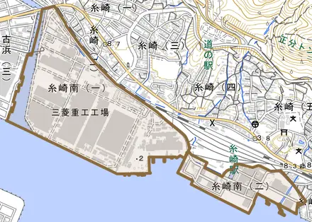 糸崎南とその周辺の地図。町の範囲を重ねている