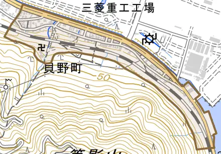 貝野町とその周辺の地図。町の範囲を重ねている