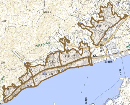 木原とその周辺の地図。町の範囲を重ねている